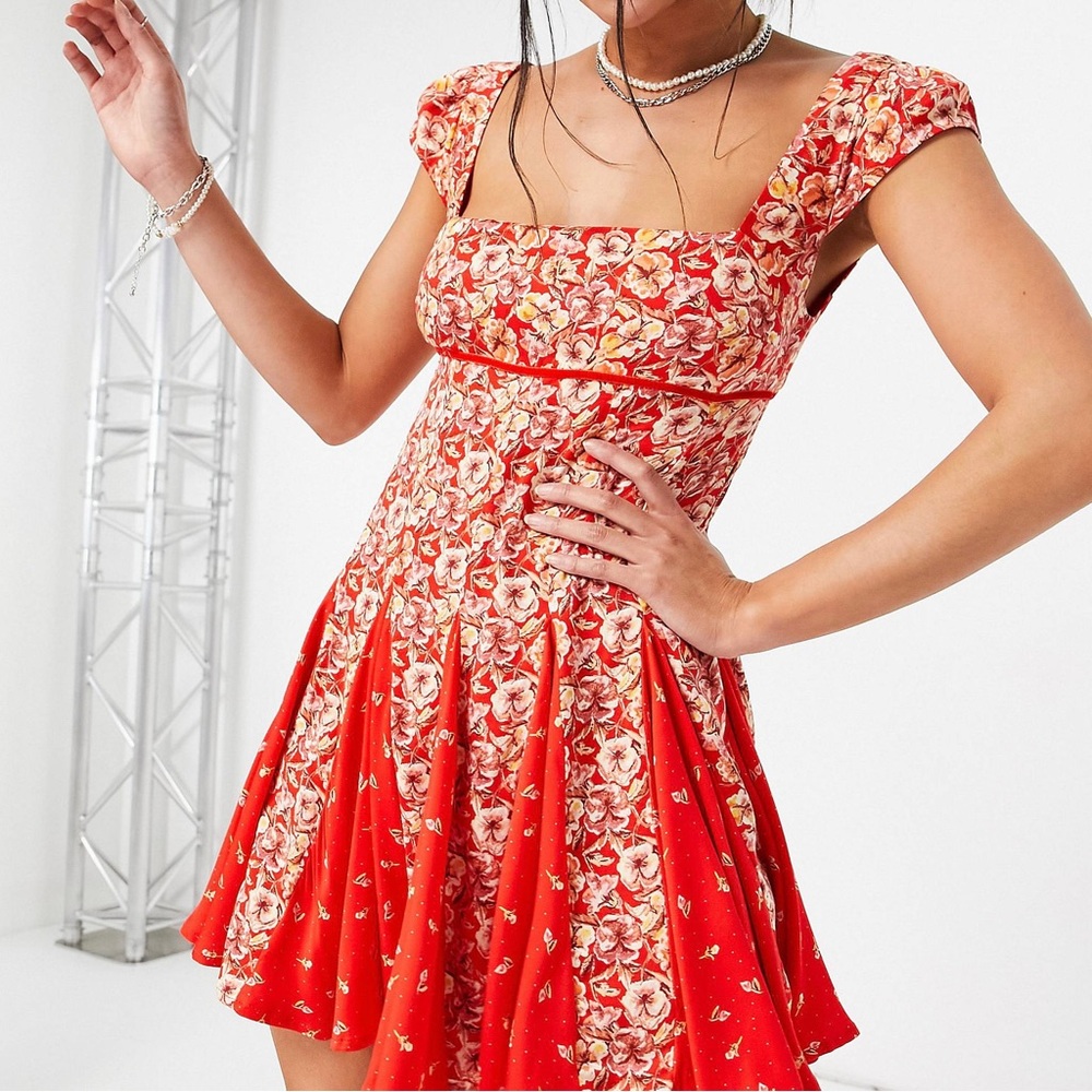 Free People Ponderosa Red Floral Strawberry Open Back Mini Flowy Dress